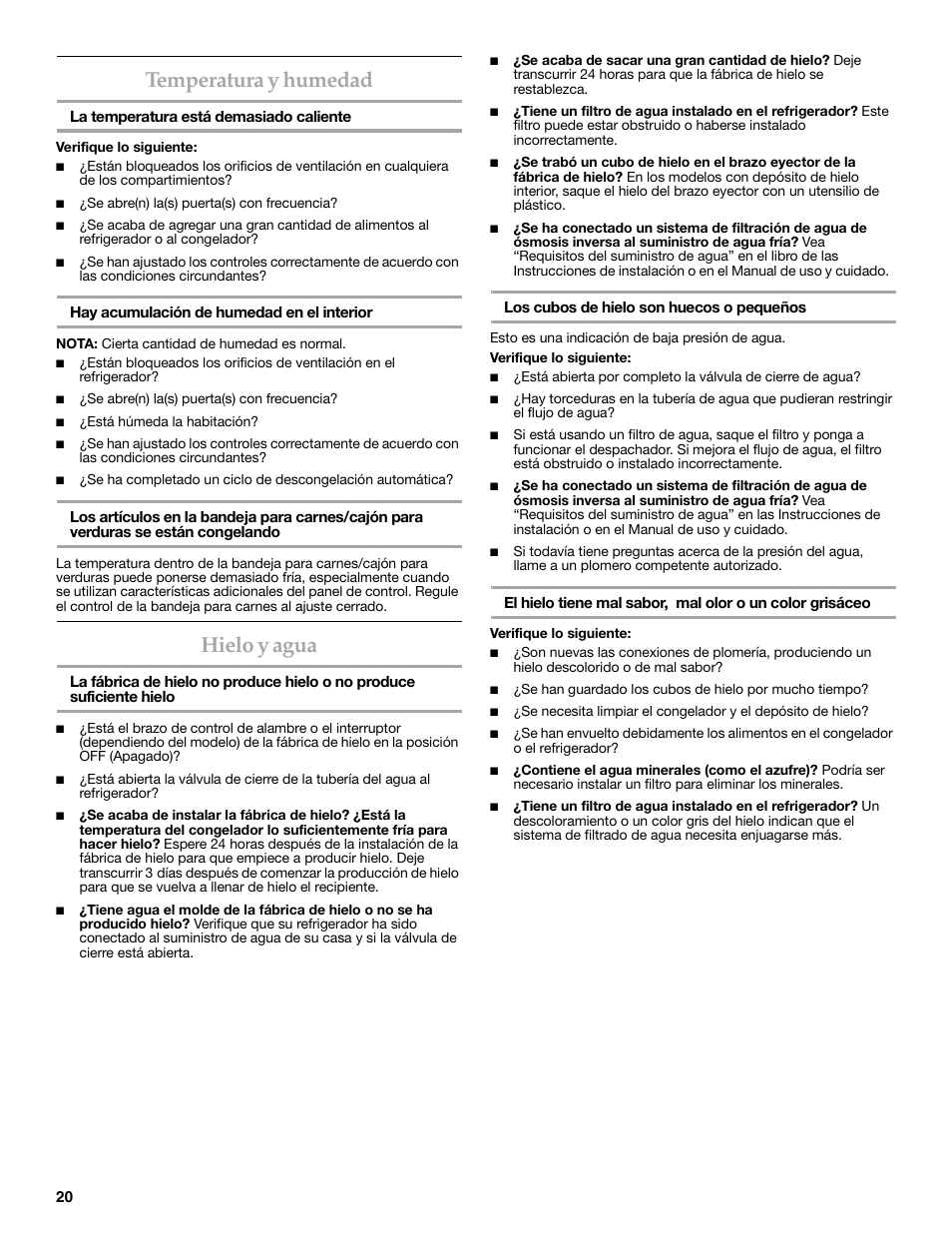 Temperatura y humedad, Hielo y agua | KITCHENAID 2318583 User Manual | Page 20 / 36