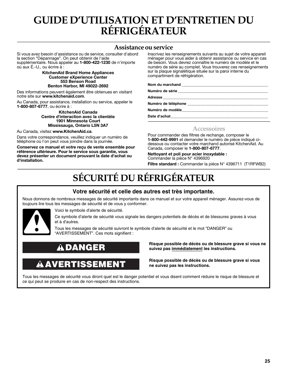 Sécurité du réfrigérateur, Avertissement danger, Assistance ou service | Accessoires | KITCHENAID 2318583 User Manual | Page 25 / 36