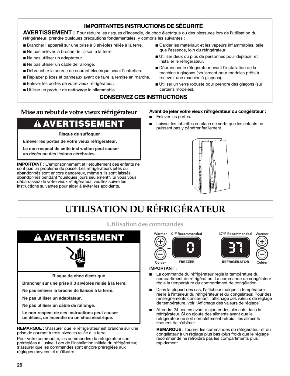 Utilisation du réfrigérateur, Utilisation des commandes, Mise au rebut de votre vieux réfrigérateur | Avertissement | KITCHENAID 2318583 User Manual | Page 26 / 36