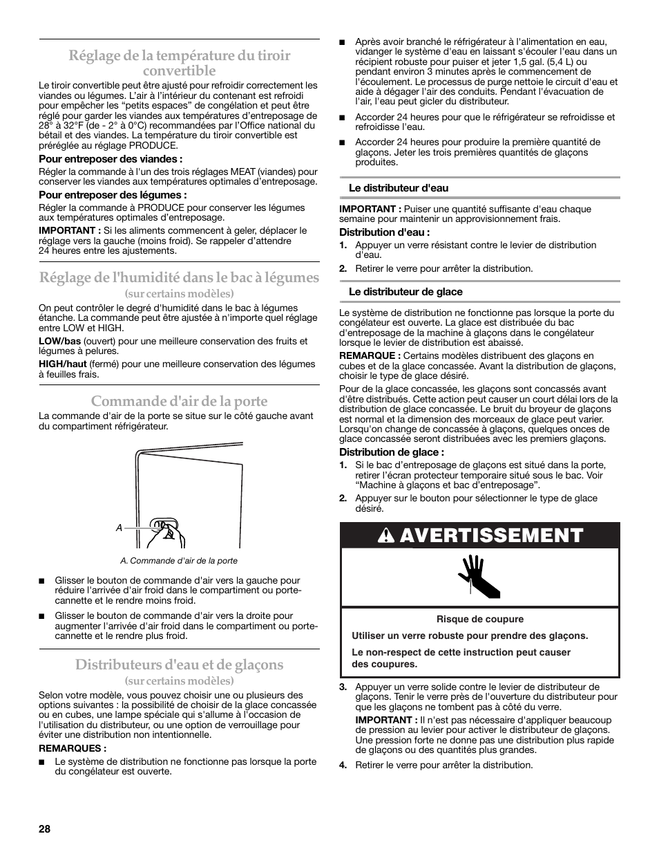 Avertissement, Réglage de la température du tiroir convertible, Réglage de l'humidité dans le bac à légumes | Commande d'air de la porte, Distributeurs d'eau et de glaçons | KITCHENAID 2318583 User Manual | Page 28 / 36
