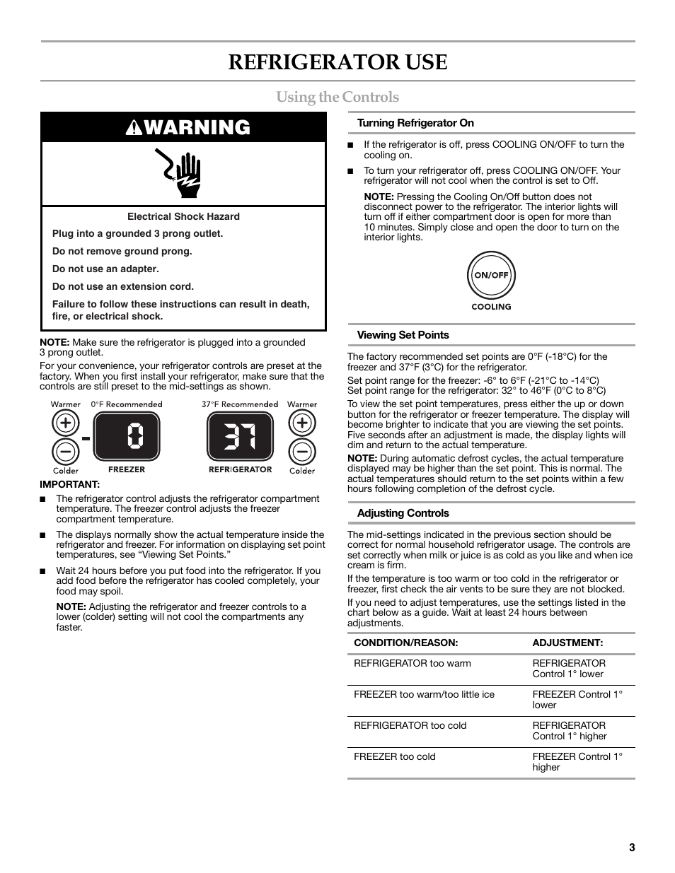 Refrigerator use, Warning, Using the controls | KITCHENAID 2318583 User Manual | Page 3 / 36