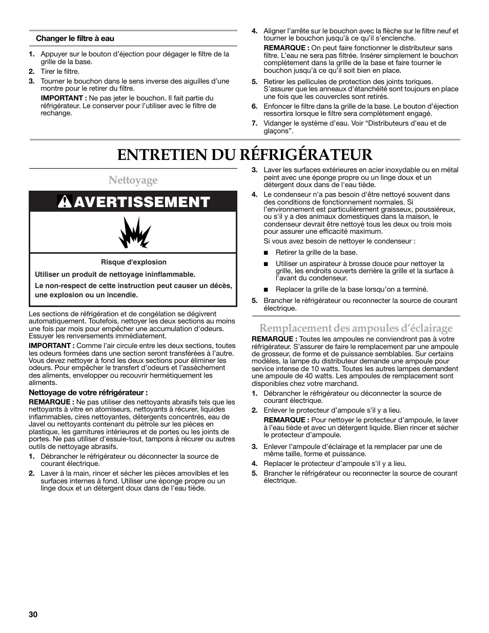Entretien du réfrigérateur, Avertissement, Nettoyage | Remplacement des ampoules d’éclairage | KITCHENAID 2318583 User Manual | Page 30 / 36