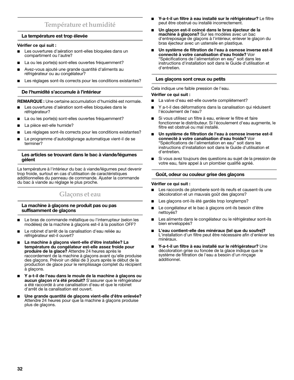 Température et humidité, Glaçons et eau | KITCHENAID 2318583 User Manual | Page 32 / 36
