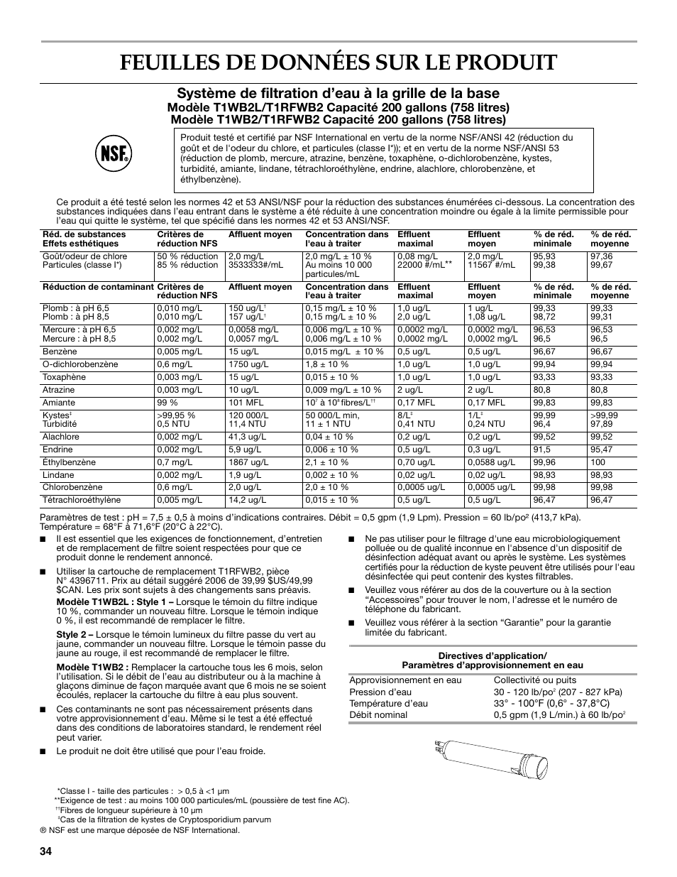 Feuilles de données sur le produit, Système de filtration d’eau à la grille de la base | KITCHENAID 2318583 User Manual | Page 34 / 36