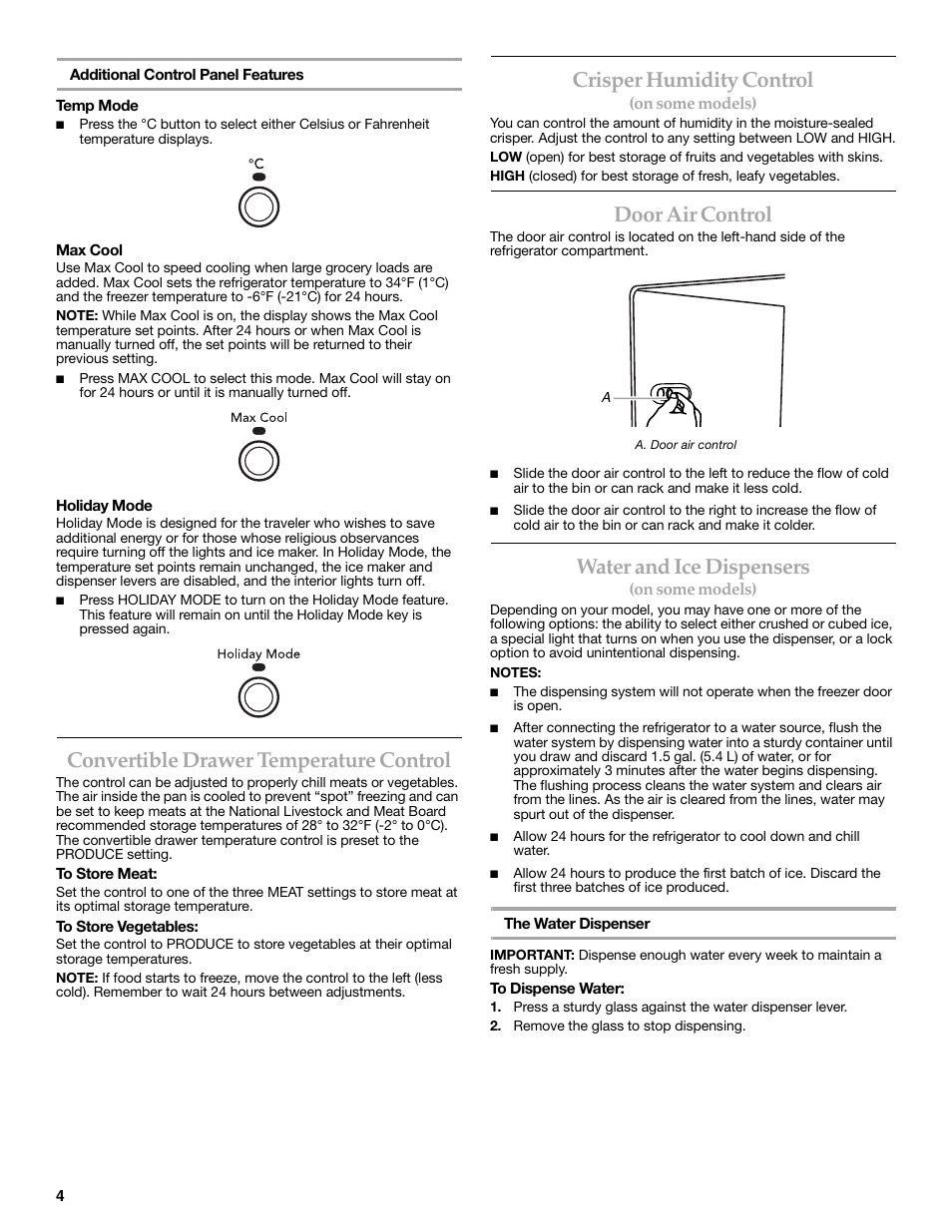Convertible drawer temperature control, Crisper humidity control, Door air control | Water and ice dispensers | KITCHENAID 2318583 User Manual | Page 4 / 36