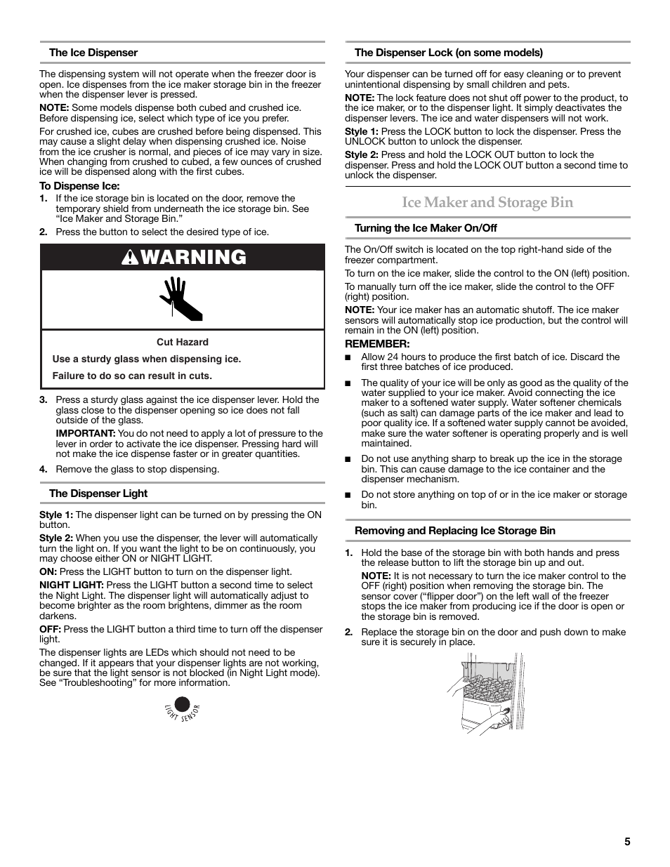 Warning, Ice maker and storage bin | KITCHENAID 2318583 User Manual | Page 5 / 36