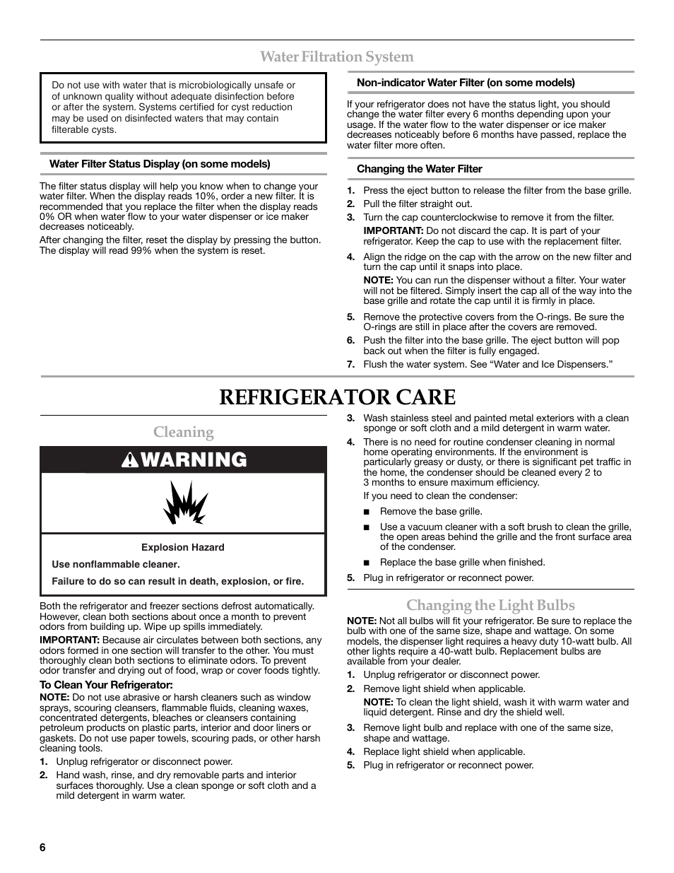 Refrigerator care, Warning, Water filtration system | Cleaning, Changing the light bulbs | KITCHENAID 2318583 User Manual | Page 6 / 36