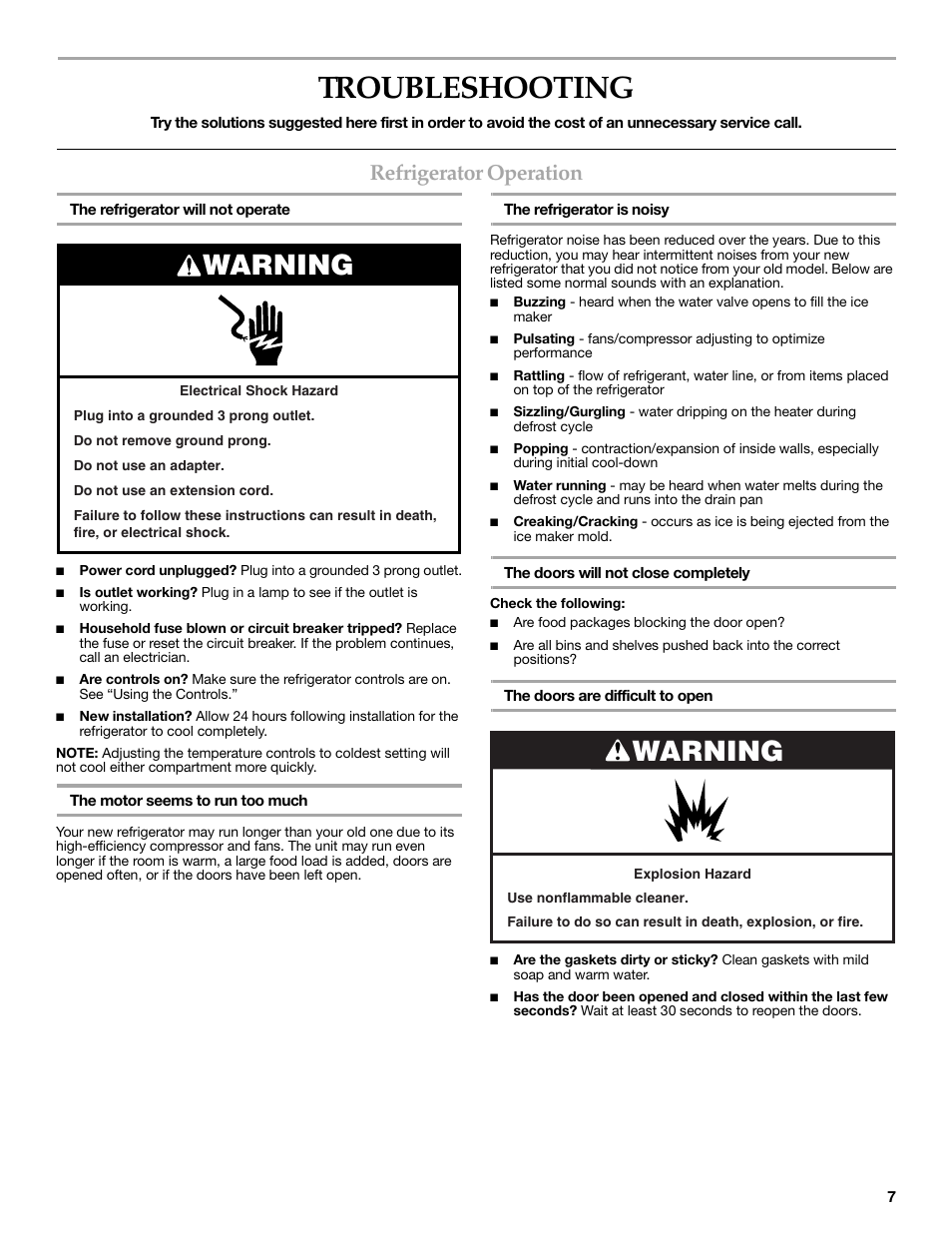 Troubleshooting, Warning, Refrigerator operation | KITCHENAID 2318583 User Manual | Page 7 / 36