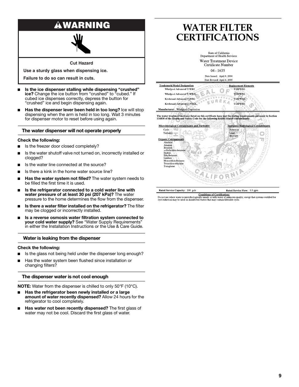Water filter certifications, Warning | KITCHENAID 2318583 User Manual | Page 9 / 36