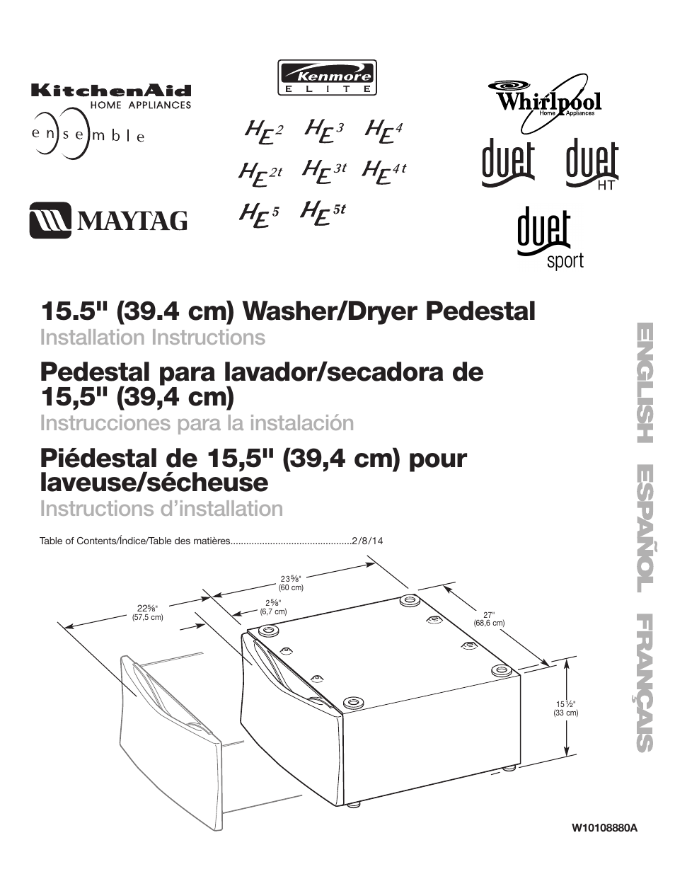 KITCHENAID 15.5" (39.4 cm) Washer/Dryer Pedestal User Manual | 24 pages