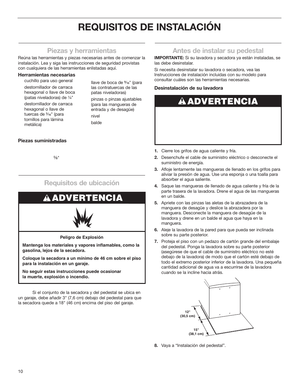 Requisitos de instalación, Advertencia, Antes de instalar su pedestal | Piezas y herramientas, Requisitos de ubicación | KITCHENAID 15.5" (39.4 cm) Washer/Dryer Pedestal User Manual | Page 10 / 24