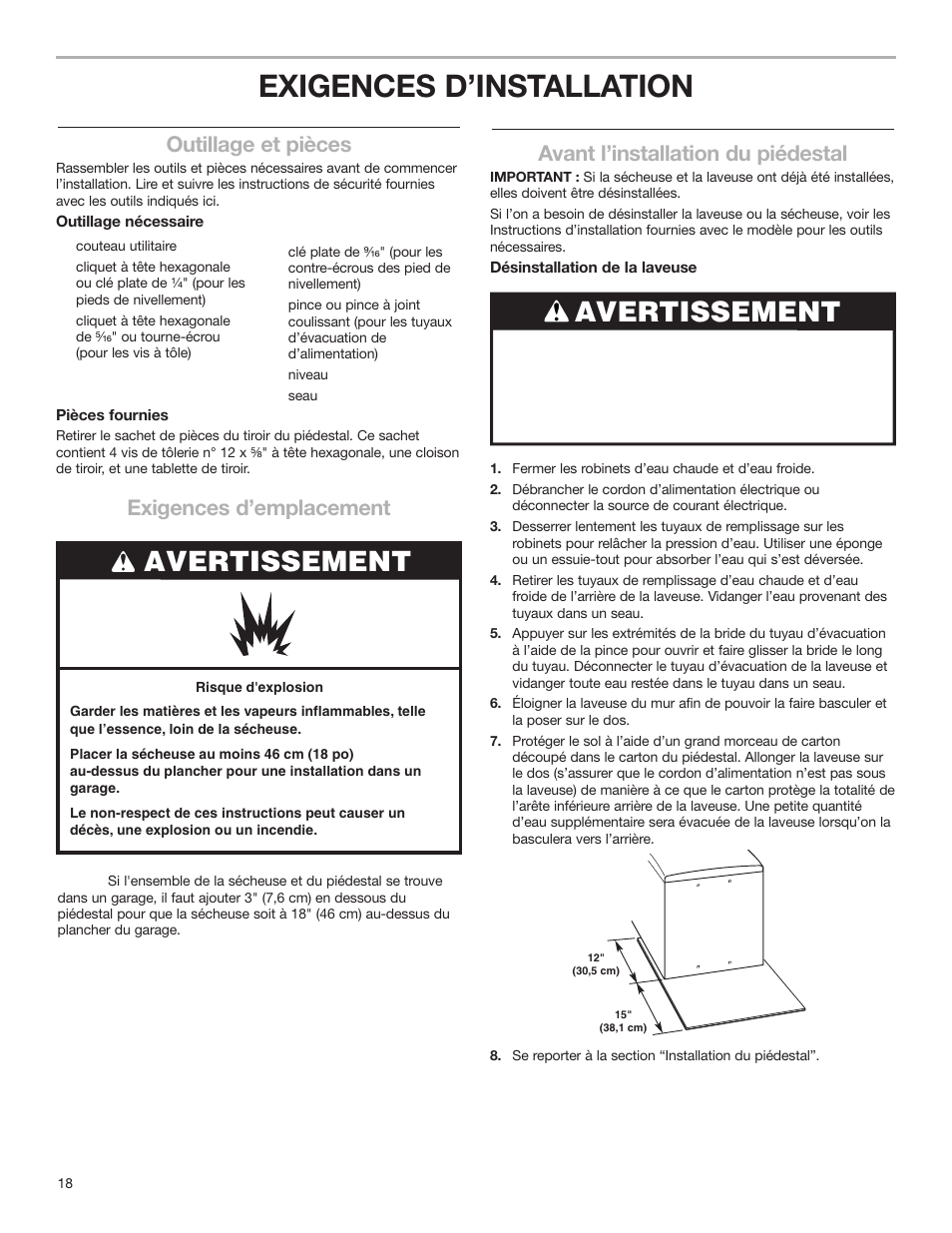 Exigences d’installation, Avertissement, Avant l’installation du piédestal | Outillage et pièces, Exigences d’emplacement | KITCHENAID 15.5" (39.4 cm) Washer/Dryer Pedestal User Manual | Page 18 / 24