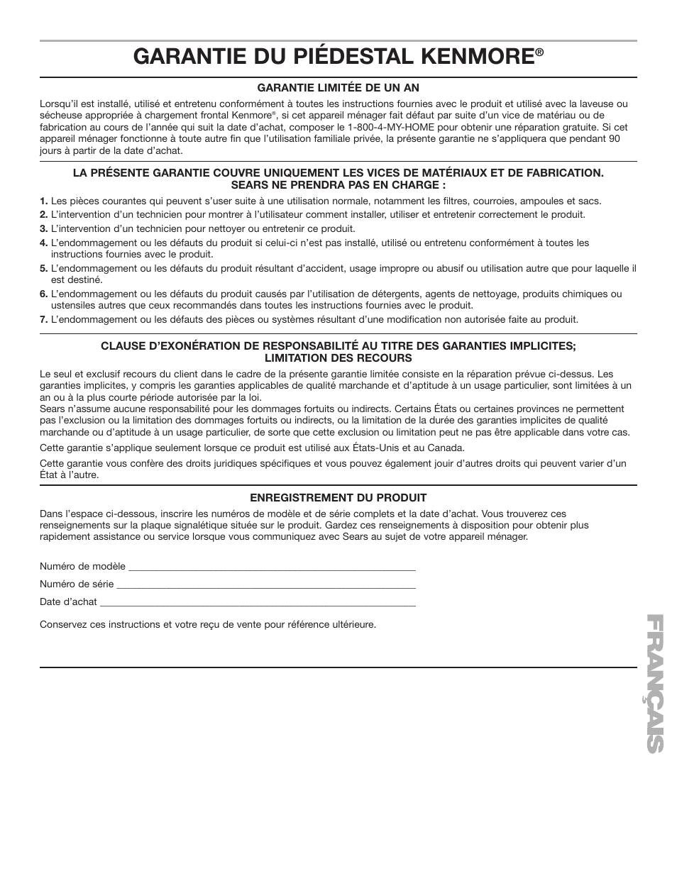 Garantie du piédestal kenmore, Garantie limitée de un an, Enregistrement du produit | KITCHENAID 15.5" (39.4 cm) Washer/Dryer Pedestal User Manual | Page 24 / 24