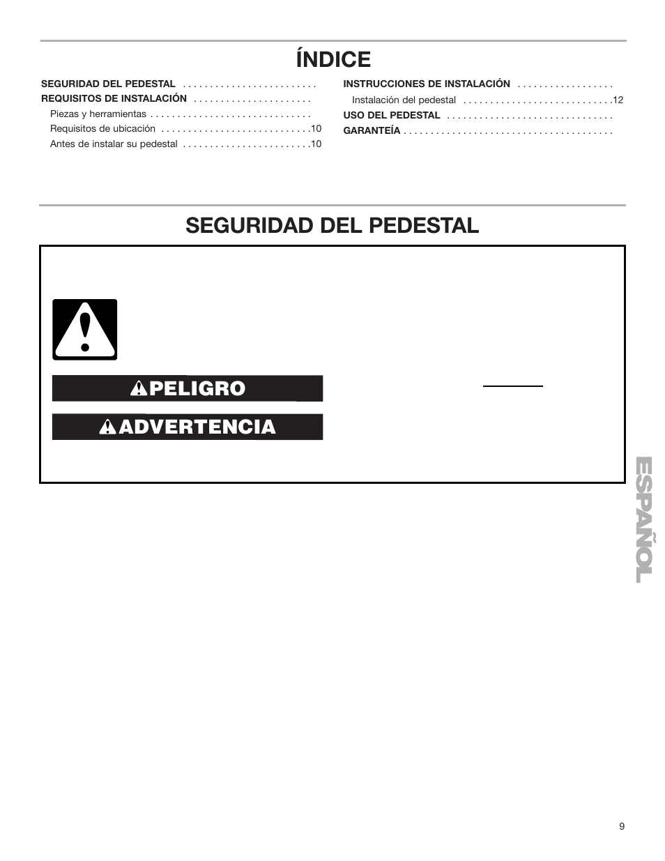 Seguridad del pedestal, Índice, Advertencia peligro | KITCHENAID 15.5" (39.4 cm) Washer/Dryer Pedestal User Manual | Page 9 / 24