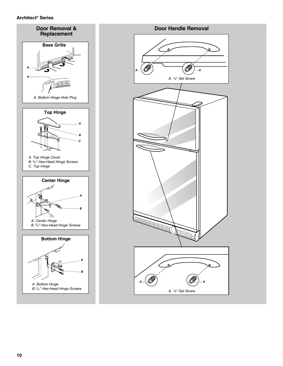 Door removal & replacement, Door handle removal, 10 architect | Series, Top hinge bottom hinge center hinge, Base grille | KITCHENAID 2302428 User Manual | Page 10 / 56