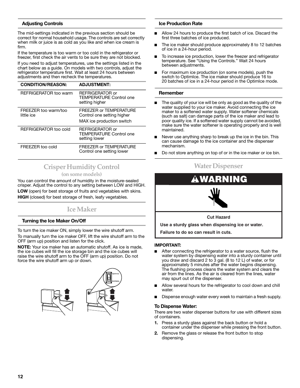 Crisper humidity control, Ice maker, Water dispenser | Warning | KITCHENAID 2302428 User Manual | Page 12 / 56