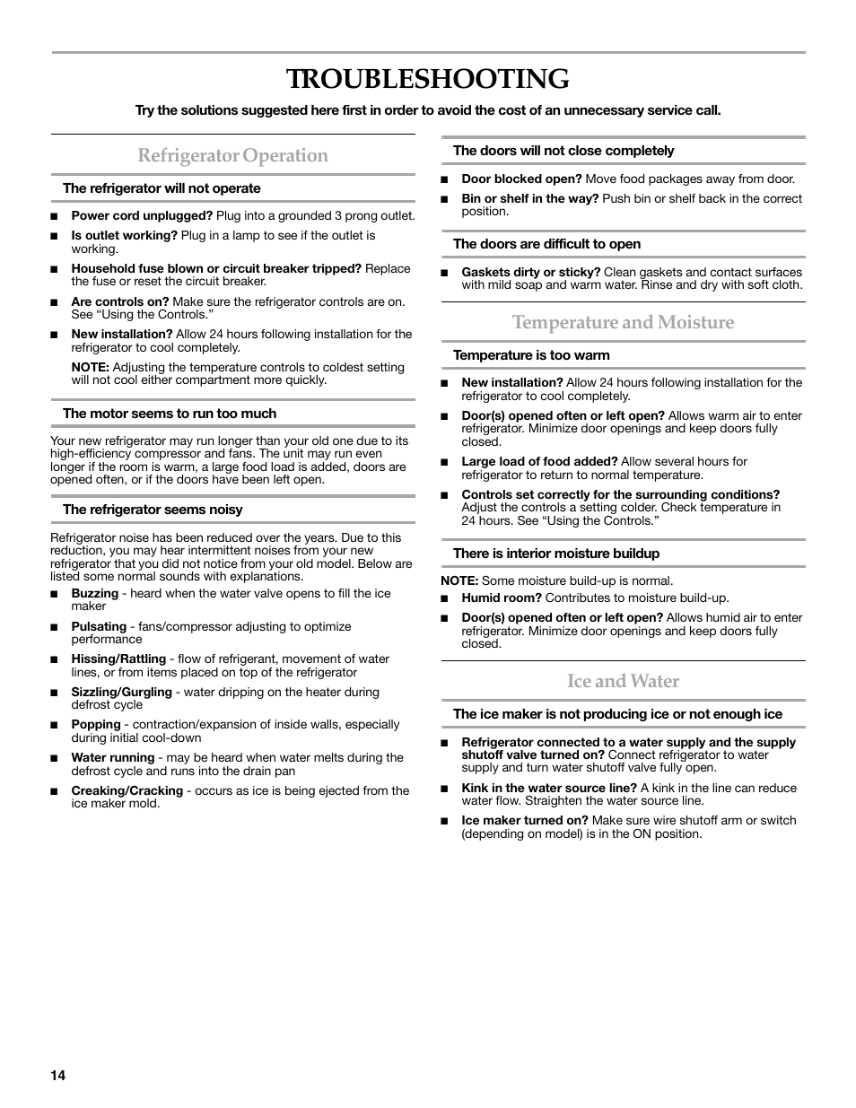 Troubleshooting, Refrigerator operation, Temperature and moisture | Ice and water | KITCHENAID 2302428 User Manual | Page 14 / 56