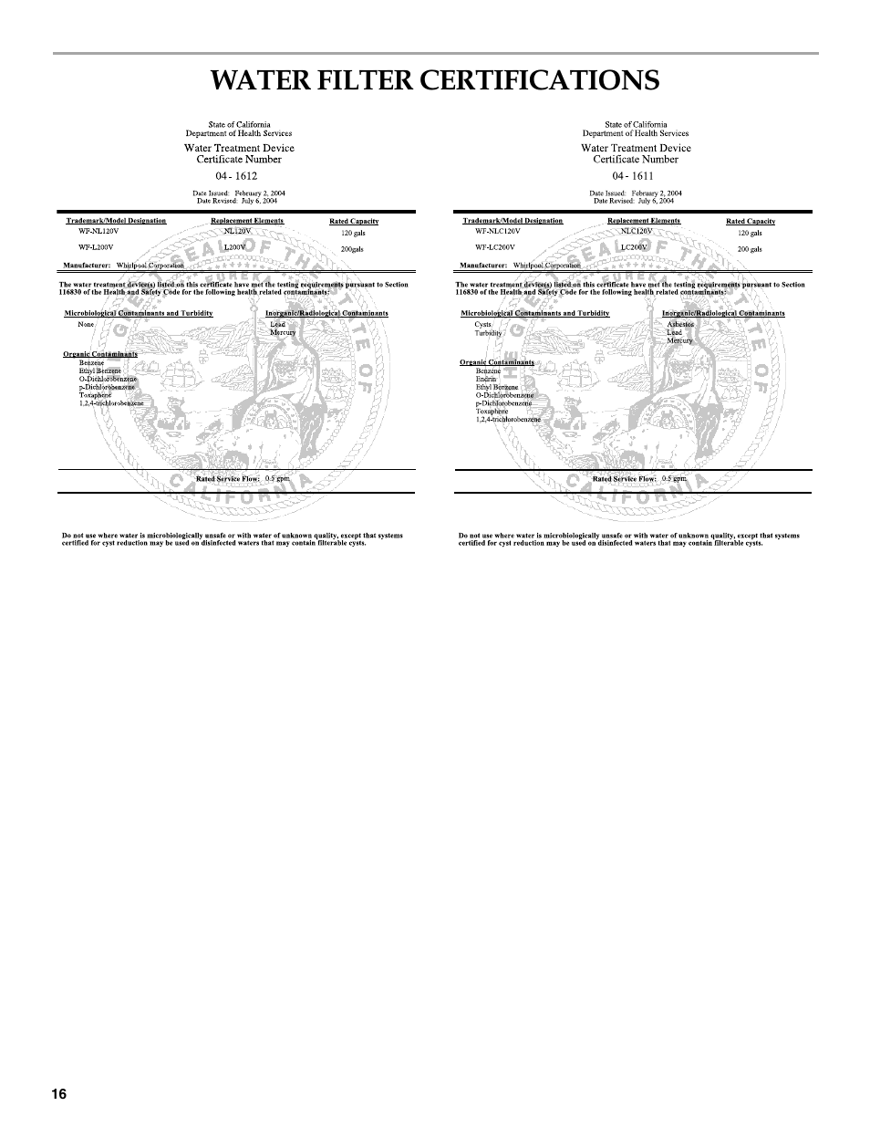Water filter certifications | KITCHENAID 2302428 User Manual | Page 16 / 56