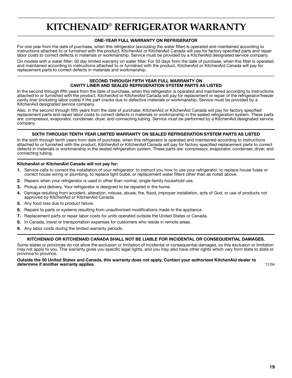 Warranty, Kitchenaid, Refrigerator warranty | KITCHENAID 2302428 User Manual | Page 19 / 56