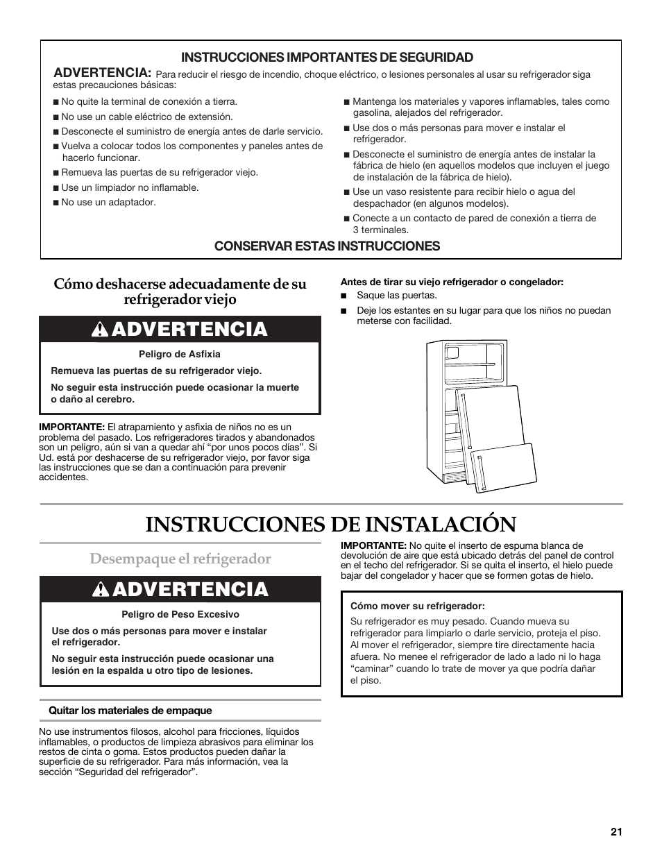 Instrucciones de instalación, Desempaque el refrigerador, Advertencia | KITCHENAID 2302428 User Manual | Page 21 / 56