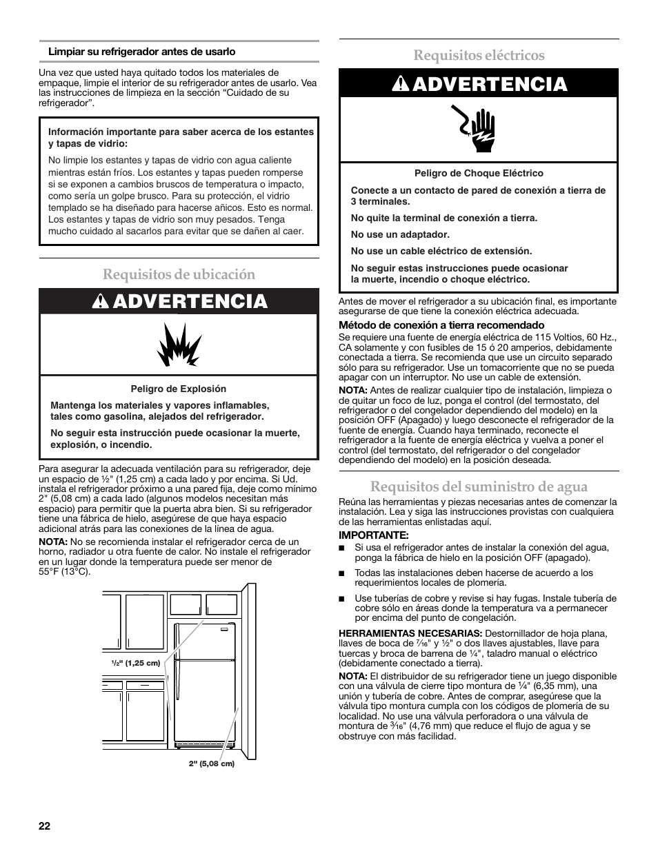 Requisitos de ubicación, Requisitos eléctricos, Requisitos del suministro de agua | Advertencia | KITCHENAID 2302428 User Manual | Page 22 / 56