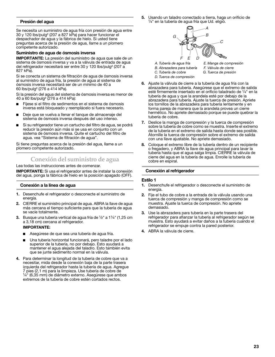 Conexión del suministro de agua | KITCHENAID 2302428 User Manual | Page 23 / 56