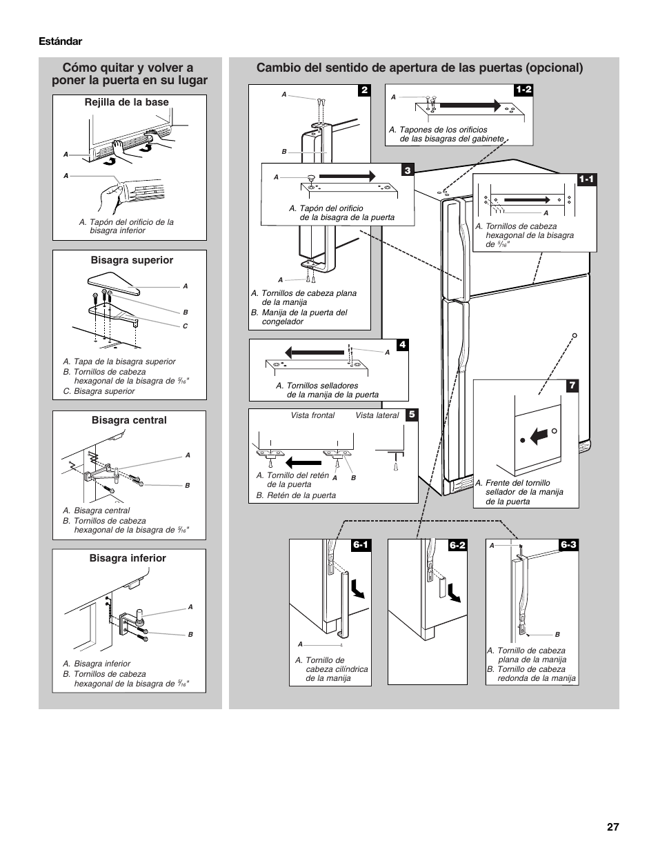 Cómo quitar y volver a poner la puerta en su lugar, 27 estándar bisagra superior bisagra inferior, Bisagra central | Rejilla de la base | KITCHENAID 2302428 User Manual | Page 27 / 56