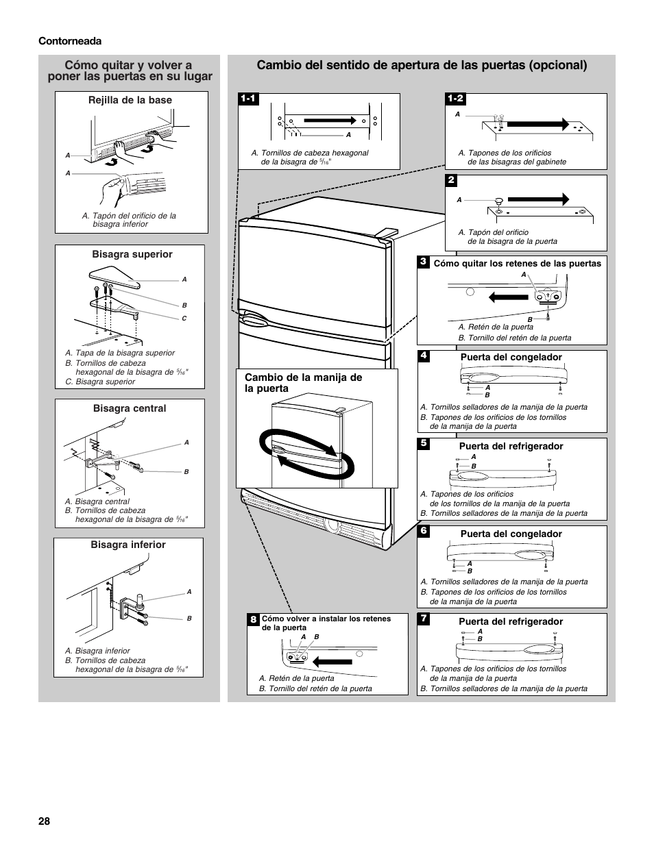 28 contorneada, Cambio de la manija de la puerta, Rejilla de la base | KITCHENAID 2302428 User Manual | Page 28 / 56