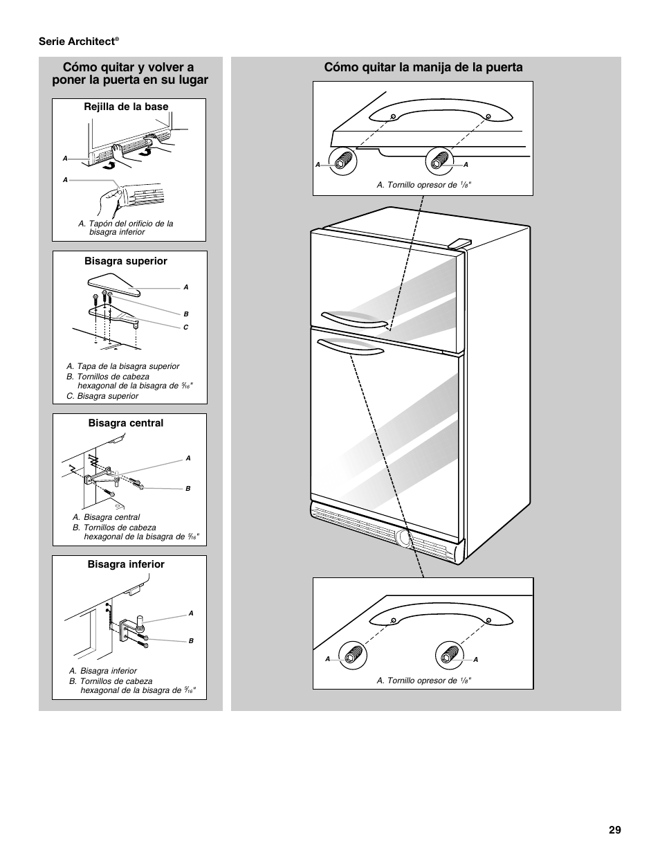 Cómo quitar la manija de la puerta, Cómo quitar y volver a poner la puerta en su lugar, 29 serie architect | Bisagra superior bisagra inferior bisagra central, Rejilla de la base | KITCHENAID 2302428 User Manual | Page 29 / 56