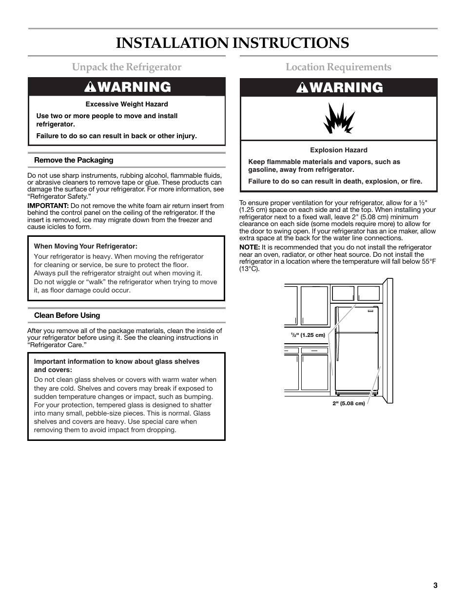 Installation instructions, Unpack the refrigerator, Location requirements | Warning | KITCHENAID 2302428 User Manual | Page 3 / 56