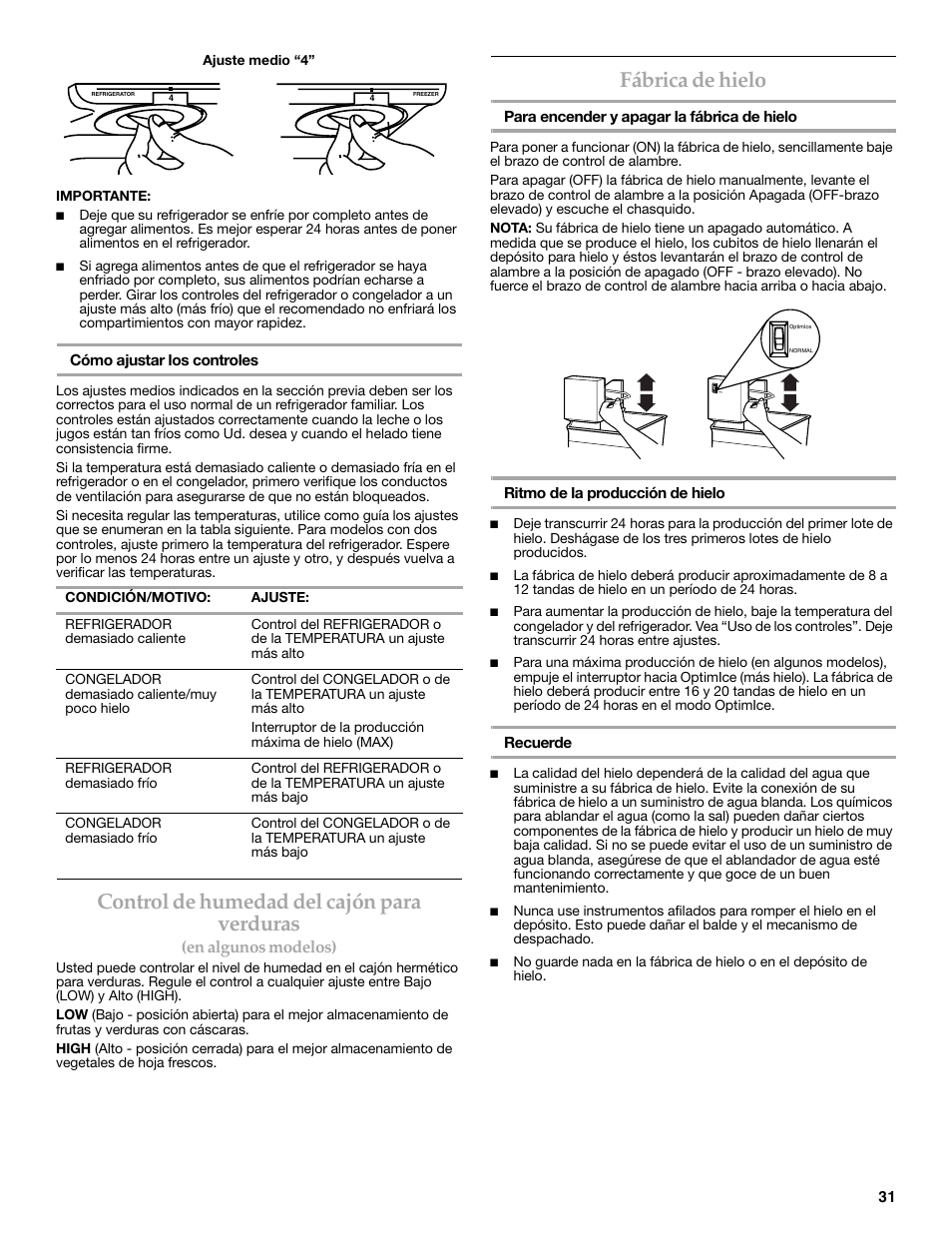 Control de humedad del cajón para verduras, Fábrica de hielo, En algunos modelos) | KITCHENAID 2302428 User Manual | Page 31 / 56
