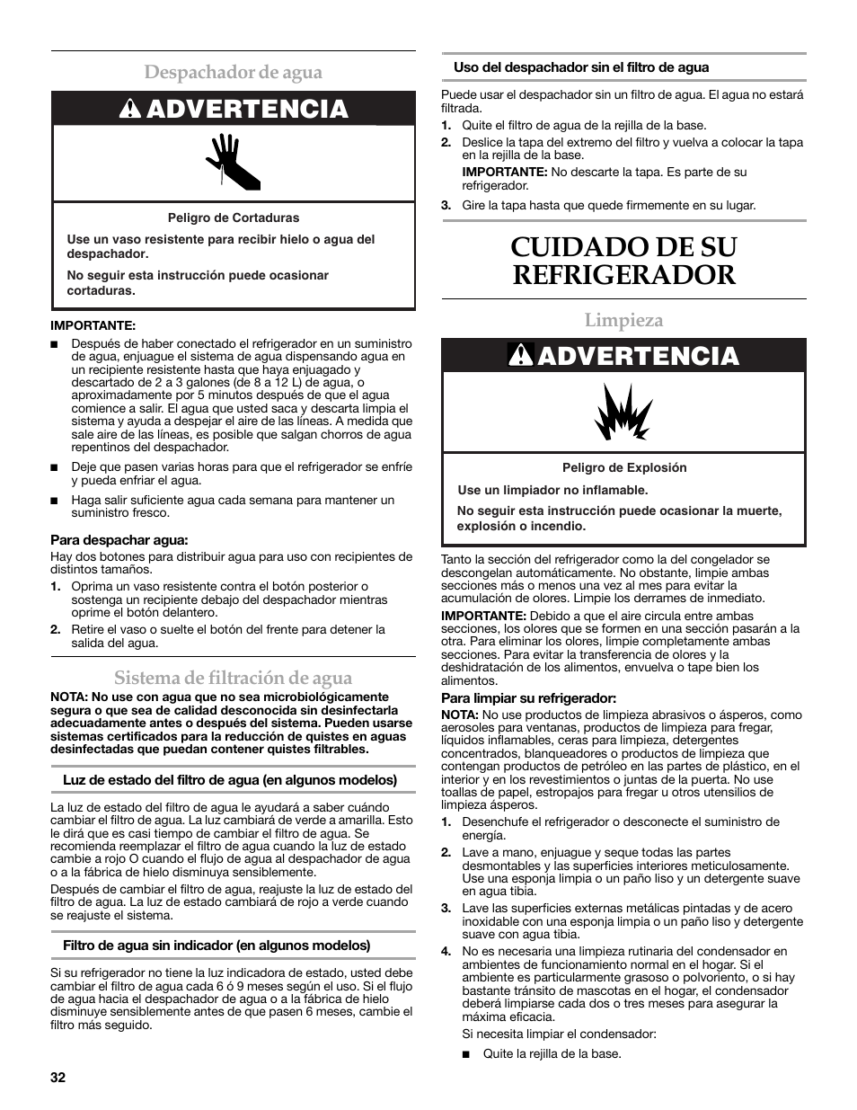 Cuidado de su refrigerador, Advertencia, Despachador de agua | Sistema de filtración de agua, Limpieza | KITCHENAID 2302428 User Manual | Page 32 / 56