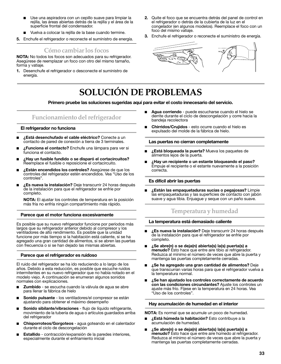 Solución de problemas, Cómo cambiar los focos, Funcionamiento del refrigerador | Temperatura y humedad | KITCHENAID 2302428 User Manual | Page 33 / 56