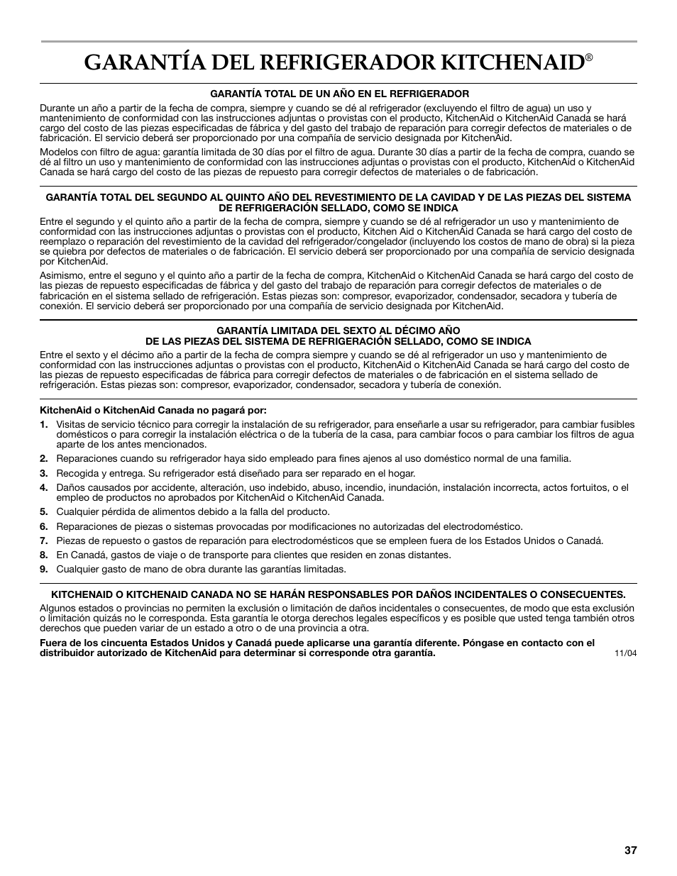 Garantía, Garantía del refrigerador kitchenaid | KITCHENAID 2302428 User Manual | Page 37 / 56
