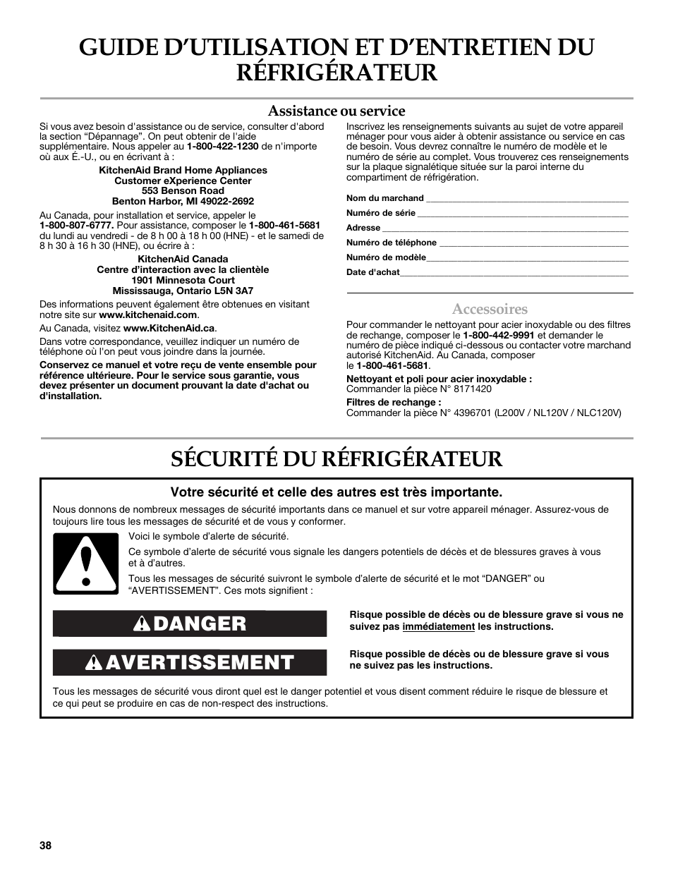 French version, Assistance ou service, Sécurité du réfrigérateur | Avertissement danger, Accessoires | KITCHENAID 2302428 User Manual | Page 38 / 56