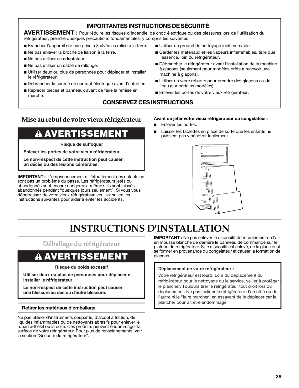 Instructions d'installation, Déballage du réfrigérateur, Mise au rebut de votre vieux réfrigérateur | Avertissement | KITCHENAID 2302428 User Manual | Page 39 / 56