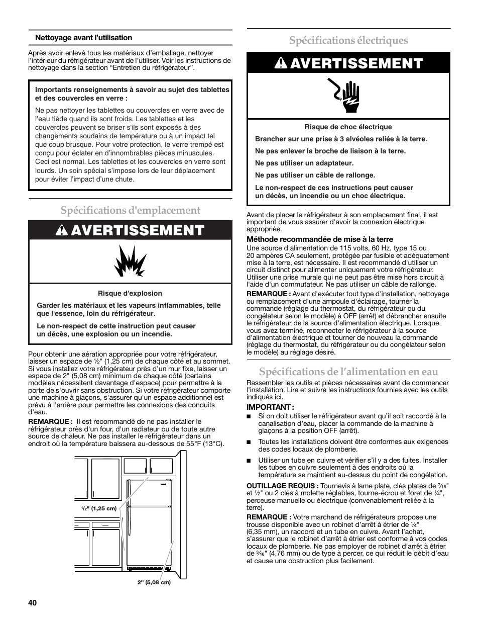 Spécifications d'emplacement, Spécifications électriques, Spécifications de l’alimentation en eau | Avertissement | KITCHENAID 2302428 User Manual | Page 40 / 56
