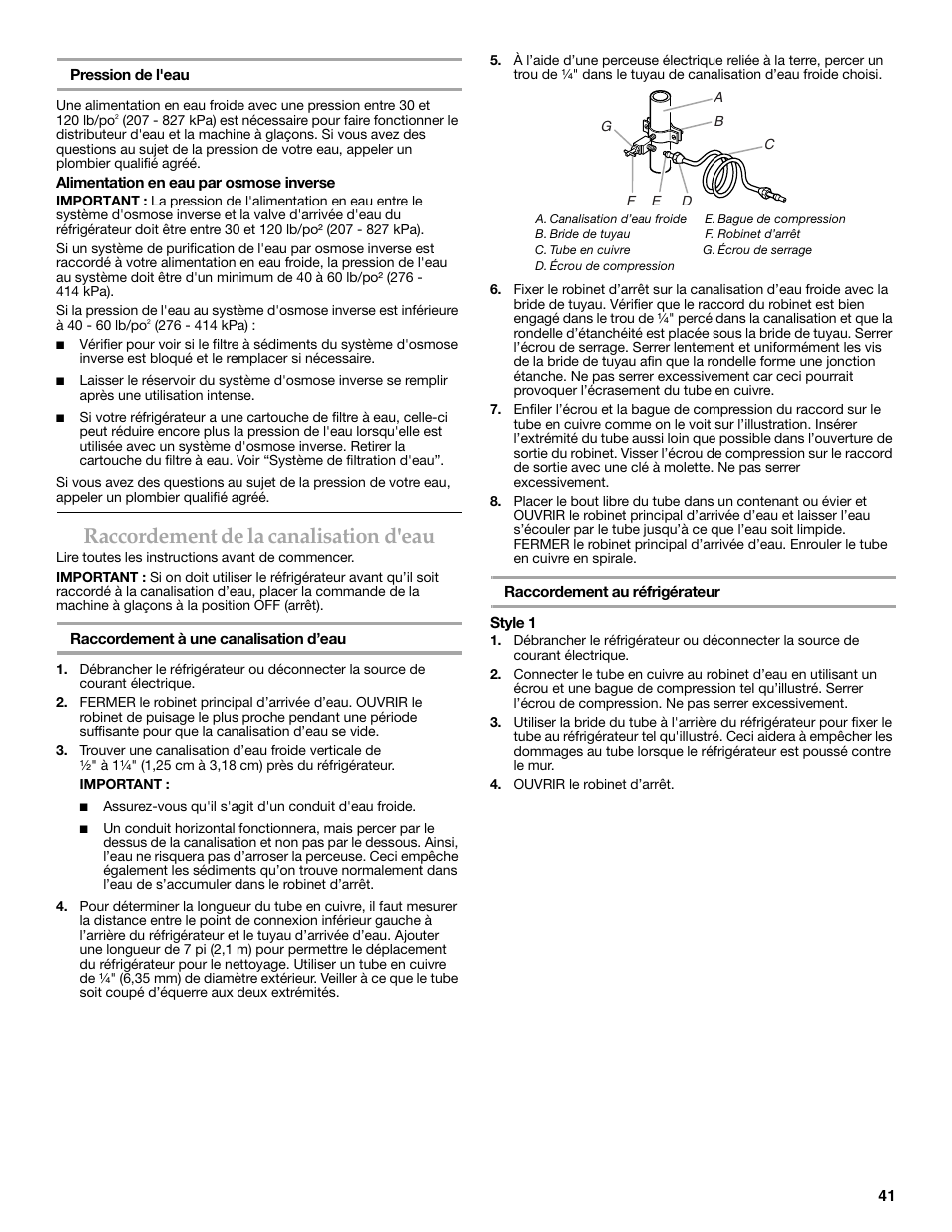 Raccordement de la canalisation d'eau | KITCHENAID 2302428 User Manual | Page 41 / 56