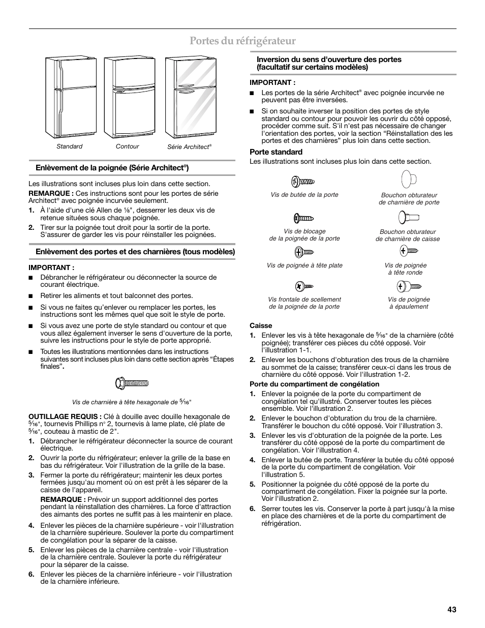 Portes du réfrigérateur | KITCHENAID 2302428 User Manual | Page 43 / 56