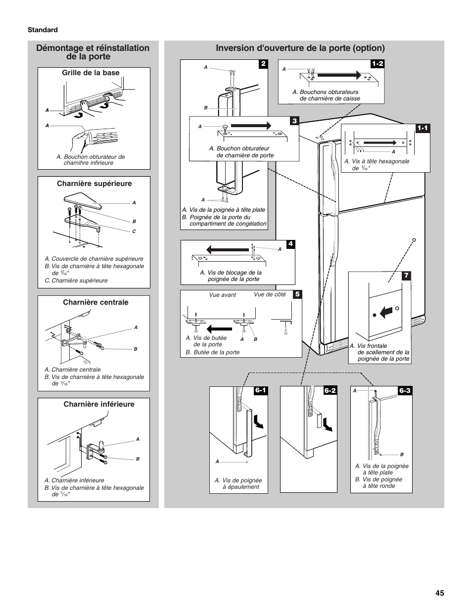 Inversion d'ouverture de la porte (option), Démontage et réinstallation de la porte, Charnière supérieure charnière inférieure | Charnière centrale, Grille de la base | KITCHENAID 2302428 User Manual | Page 45 / 56