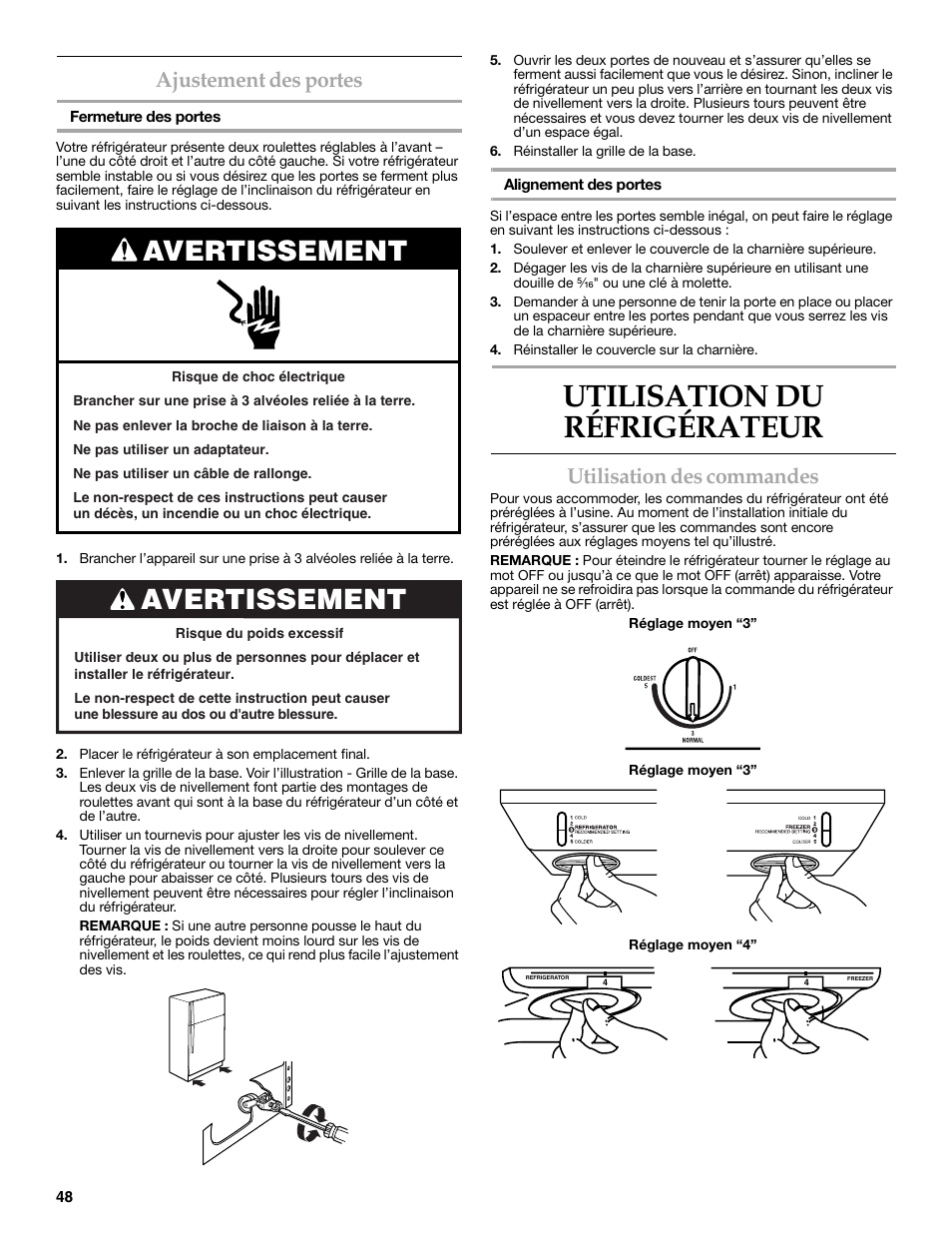 Ajustement des portes, Utilisation du refrigerateur, Utilisation du réfrigérateur | Avertissement, Utilisation des commandes | KITCHENAID 2302428 User Manual | Page 48 / 56