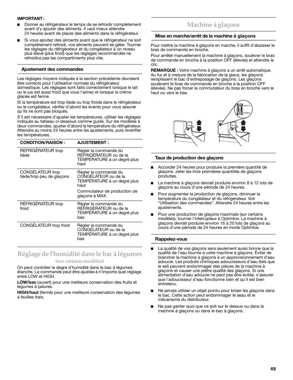 Réglage de l'humidité dans le bac à légumes, Machine à glaçons, Sur certains modèles) | KITCHENAID 2302428 User Manual | Page 49 / 56
