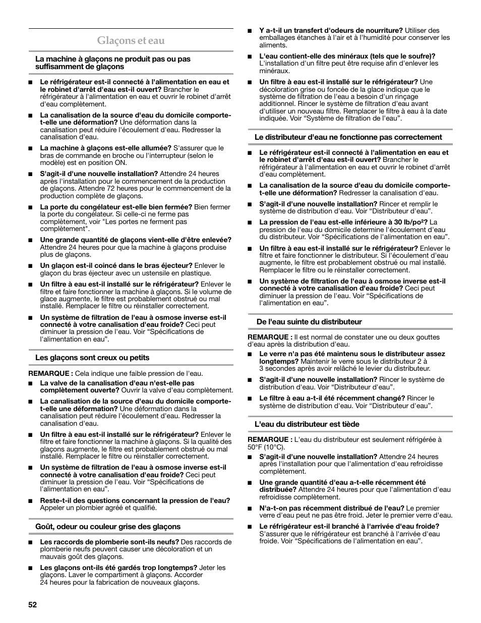 Glaçons et eau | KITCHENAID 2302428 User Manual | Page 52 / 56