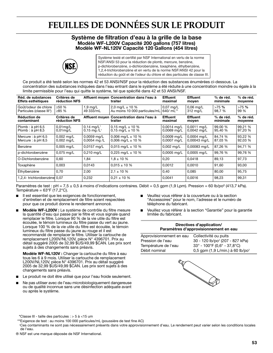 Feuilles de données sur le produit, Système de filtration d’eau à la grille de la base | KITCHENAID 2302428 User Manual | Page 53 / 56