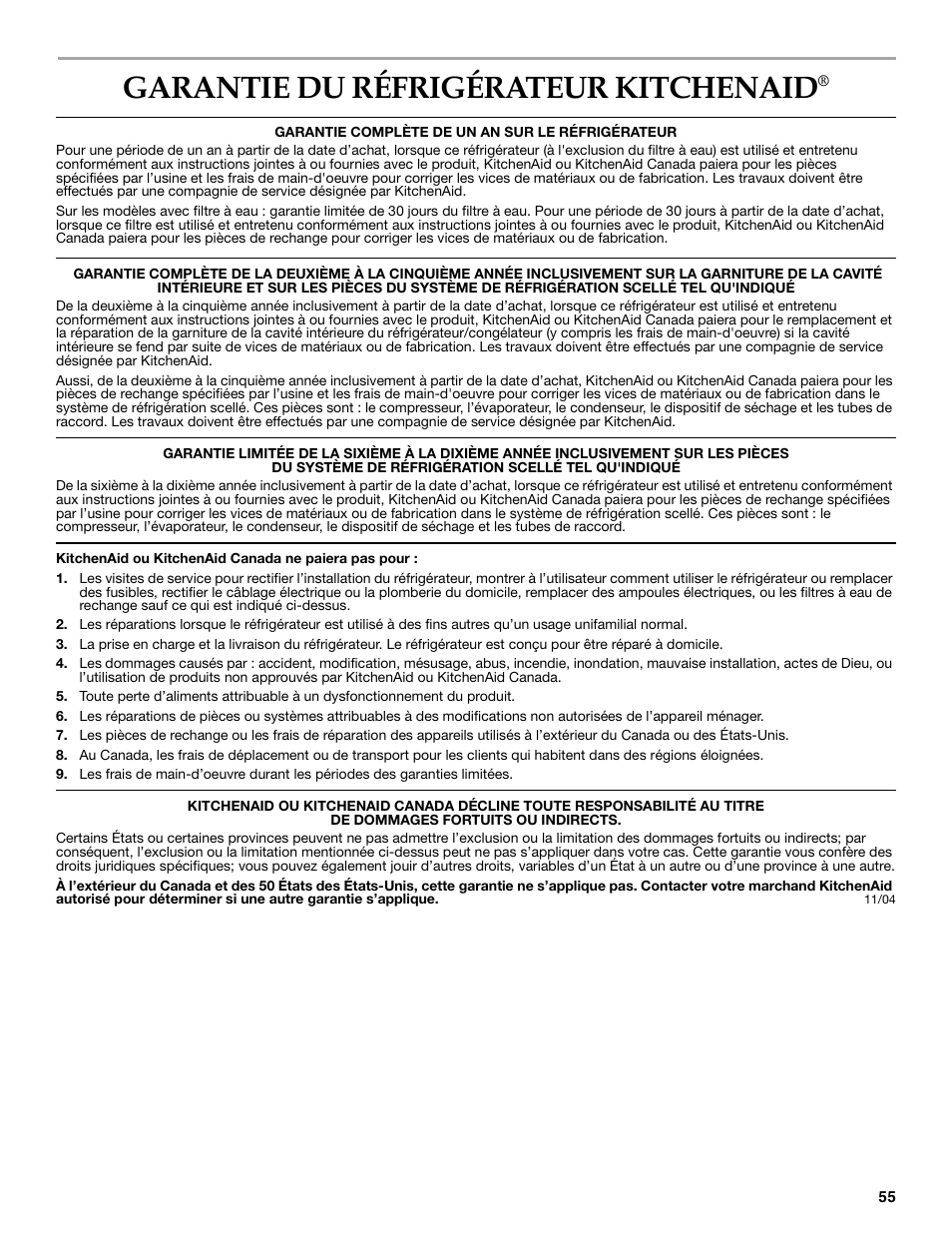 Garantie, Garantie du réfrigérateur kitchenaid | KITCHENAID 2302428 User Manual | Page 55 / 56