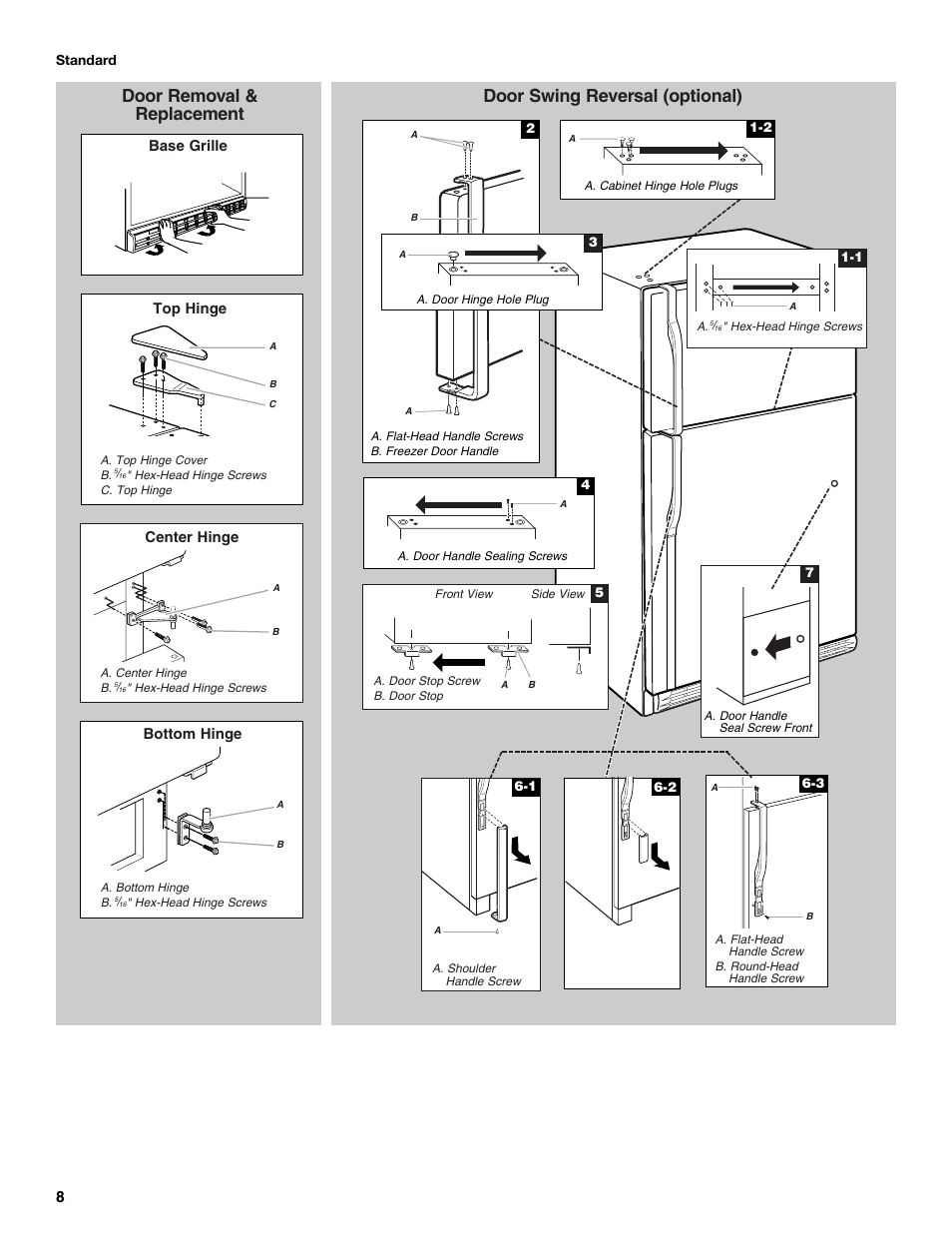 Door removal & replacement, Door swing reversal (optional), Top hinge bottom hinge | Center hinge, Base grille | KITCHENAID 2302428 User Manual | Page 8 / 56