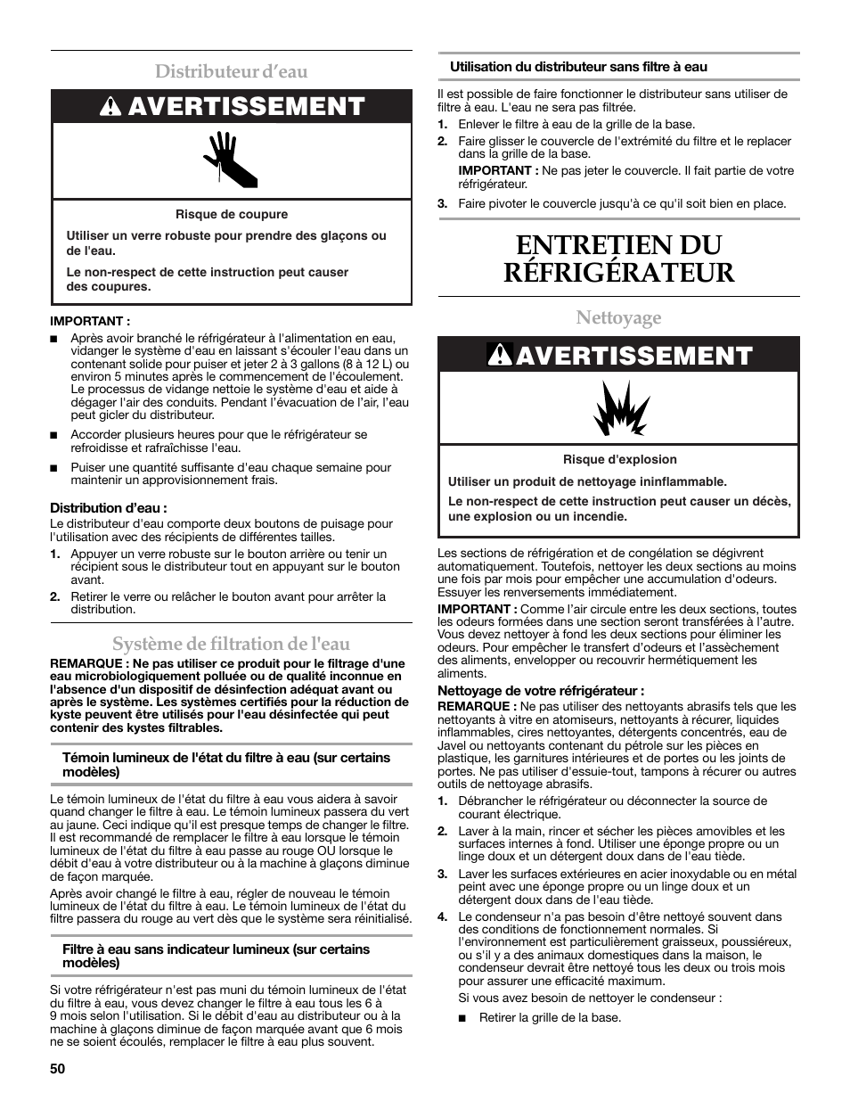 Entretien du réfrigérateur, Avertissement, Distributeur d’eau | Système de filtration de l'eau, Nettoyage | KITCHENAID 2314464 User Manual | Page 50 / 56