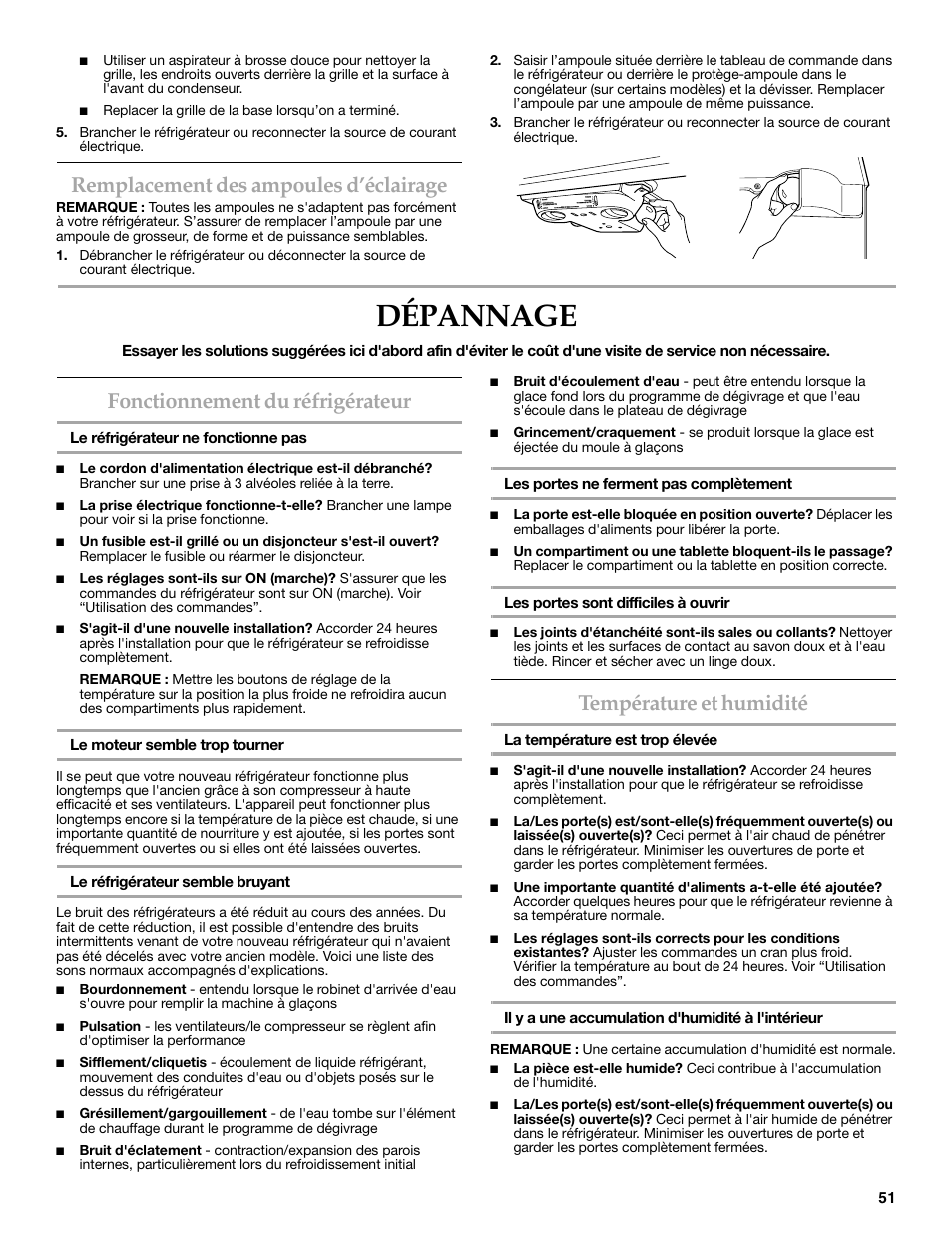 Dépannage, Remplacement des ampoules d’éclairage, Fonctionnement du réfrigérateur | Température et humidité | KITCHENAID 2314464 User Manual | Page 51 / 56