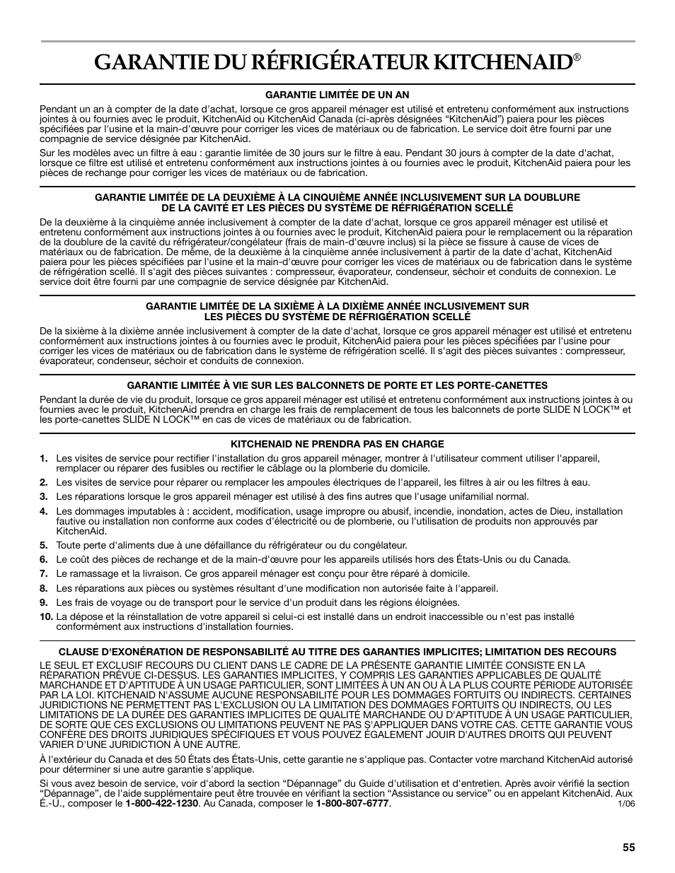 Garantie du réfrigérateur kitchenaid | KITCHENAID 2314464 User Manual | Page 55 / 56