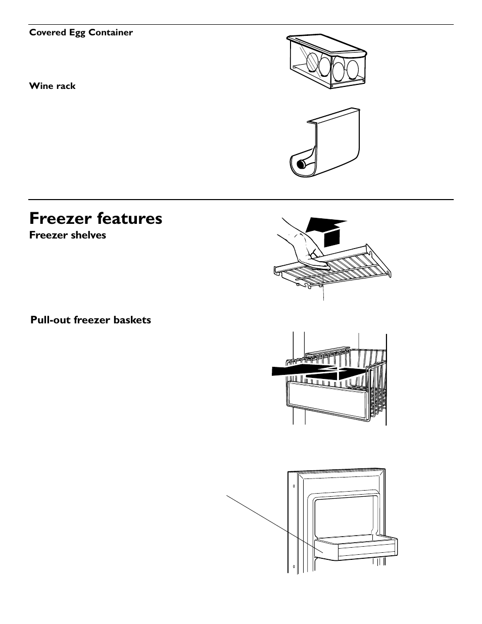 Freezer features, Freezer shelves, Pull-out freezer baskets | KITCHENAID 2209477 User Manual | Page 10 / 96